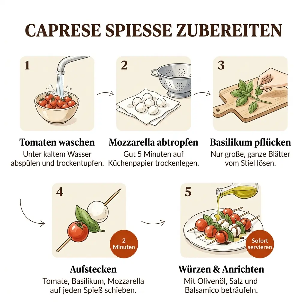 Handgezeichnete Schritt-für-Schritt-Infografik für Caprese Spieße in 5 Schritten auf weißem Hintergrund