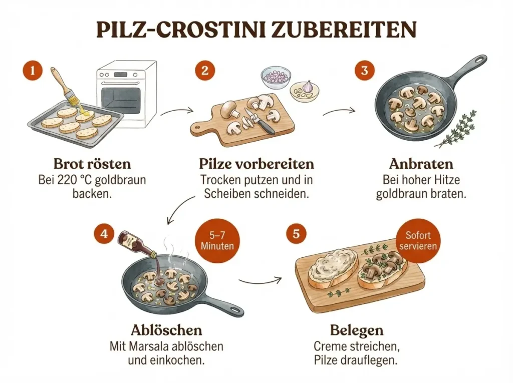 Schritt-für-Schritt-Infografik: Pilz-Crostini mit Thymian in 5 Schritten zubereiten