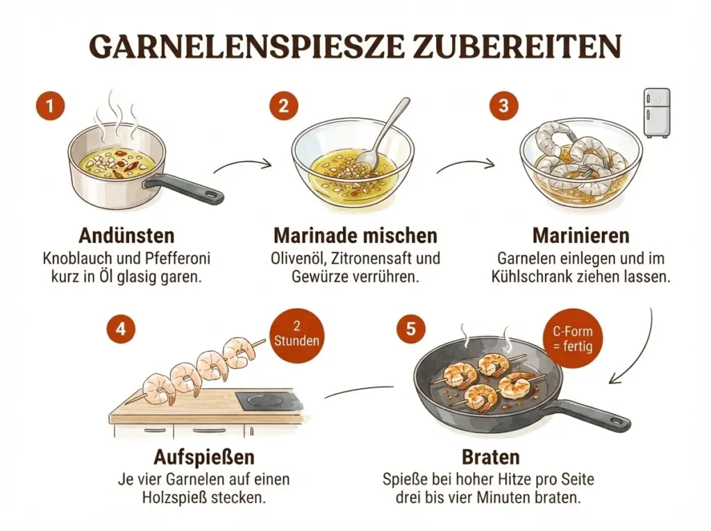 Schritt-für-Schritt-Infografik: Garnelenspieße mit Knoblauch in 5 Schritten zubereiten