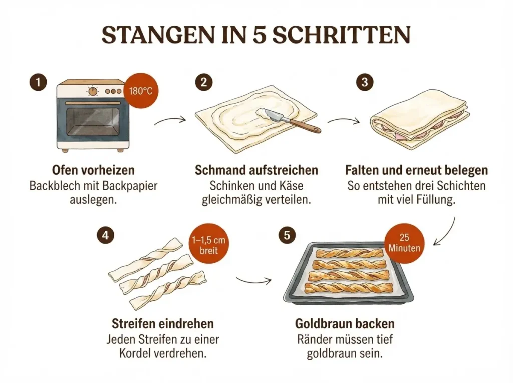 Schritt-für-Schritt-Infografik: Blätterteig-Schinken-Käse-Stangen in 5 Schritten erklärt