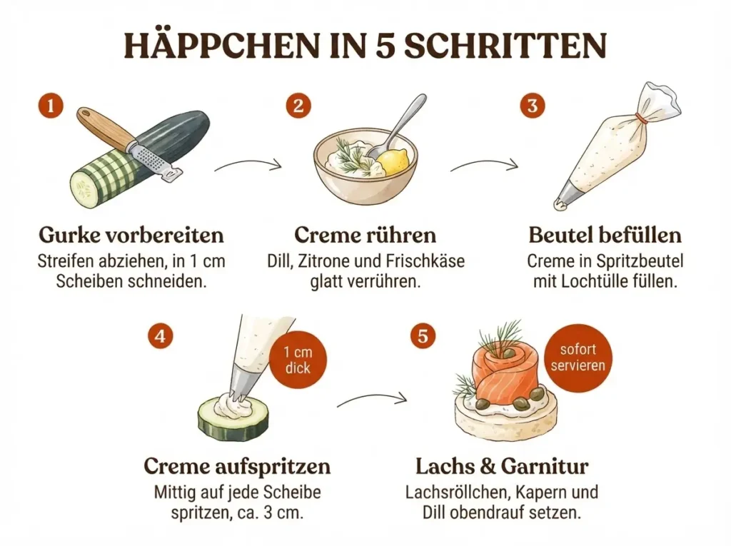 Schritt-für-Schritt-Infografik: Gurken-Lachs-Häppchen in 5 Schritten zubereiten