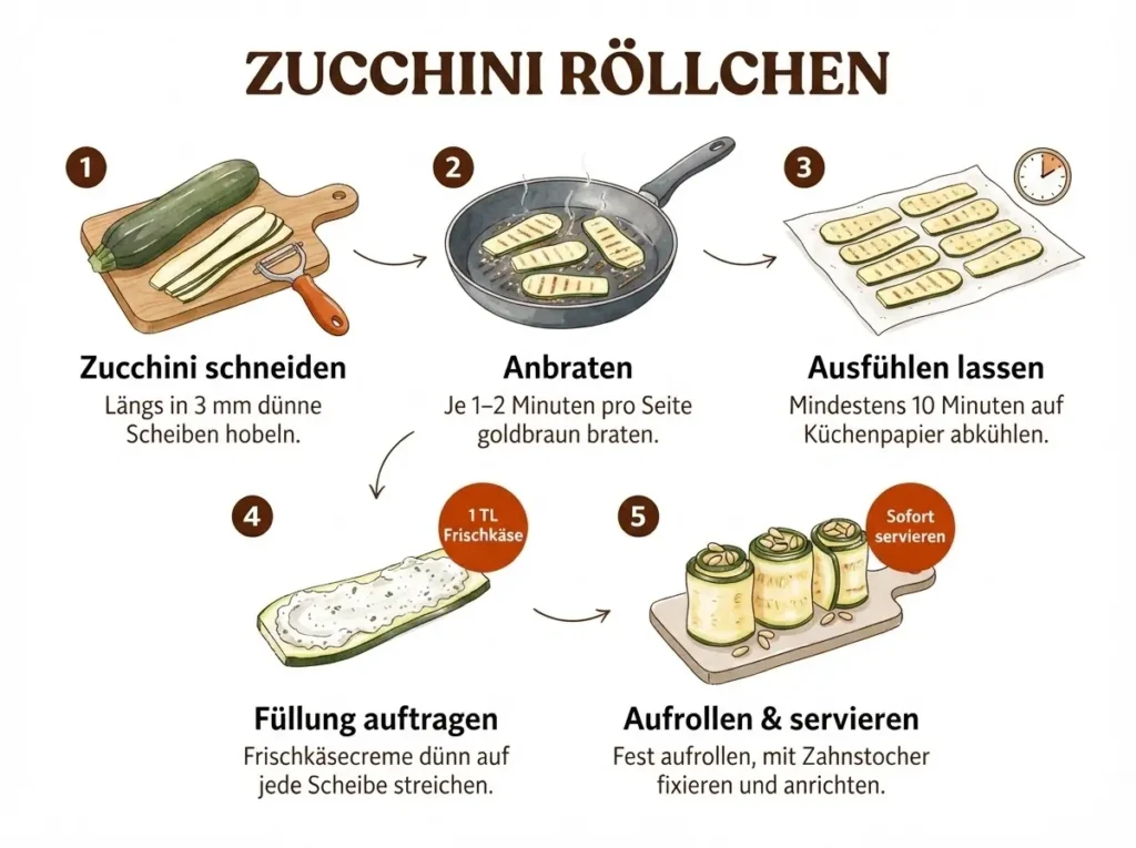 Schritt-für-Schritt-Infografik: Zucchiniröllchen mit Frischkäse in 5 Schritten zubereiten