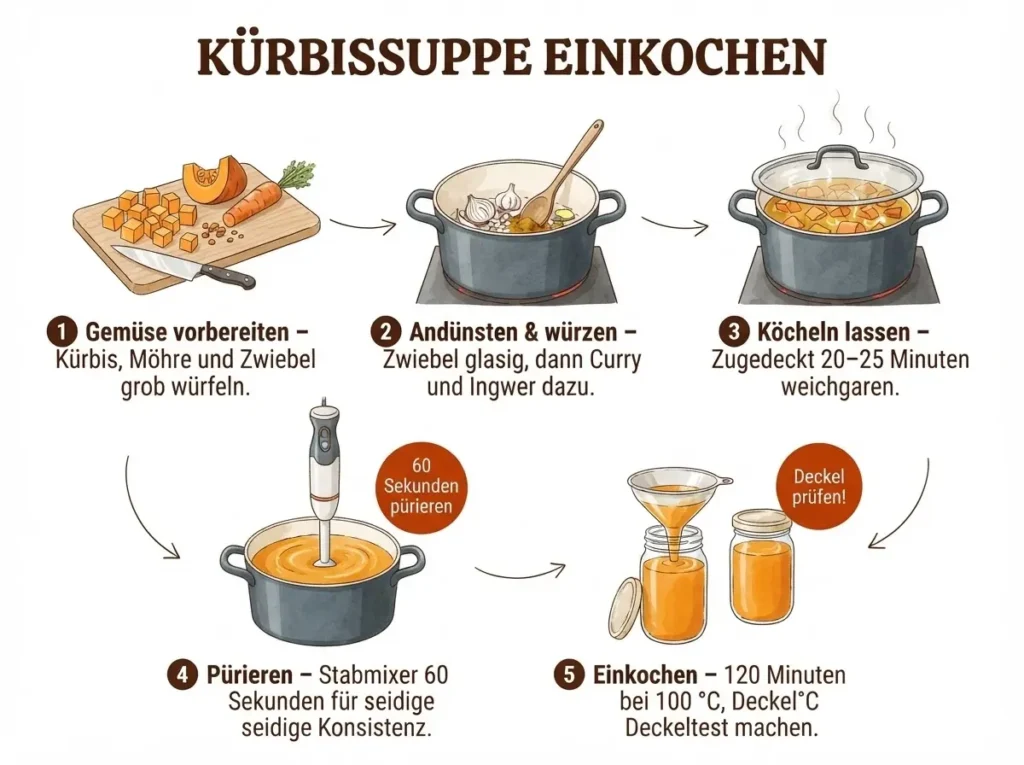 Illustrierte Schritt-für-Schritt-Anleitung: Kürbissuppe im Glas einkochen in fünf Schritten.