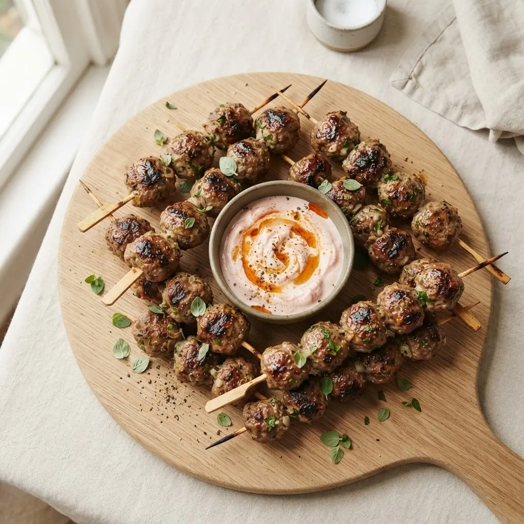 Zwölf Hackbällchen-Spieße auf Holzplatte mit Joghurt-Tomaten-Dip, angerichtet für Buffet und Party-Fingerfood.