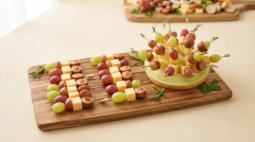 Fertige Trauben Käse Spieße auf einem Akazienholzbrett als Buffet-Platte mit Käse-Igel aus Honigmelone