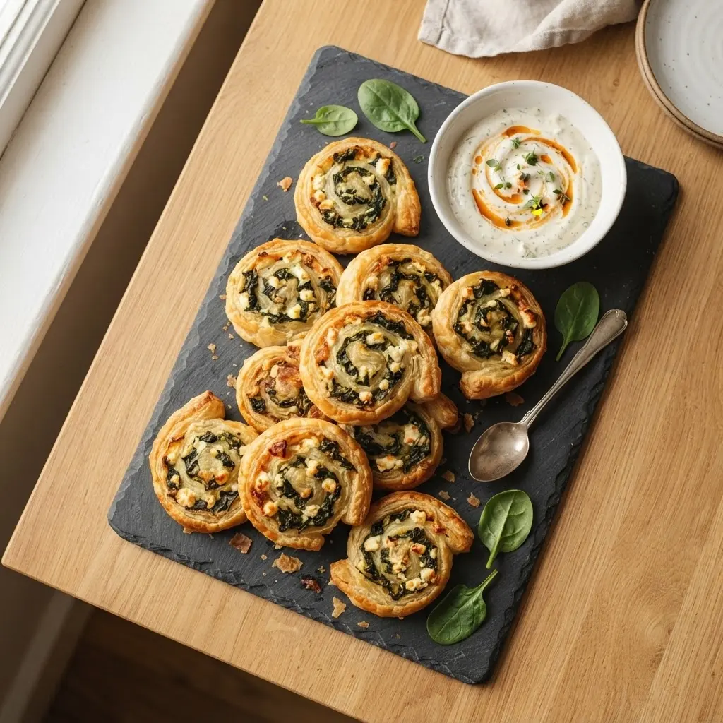 Blätterteig Spinat Feta Schnecken auf Servierbrett mit Dip, fertig gebacken und angerichtet