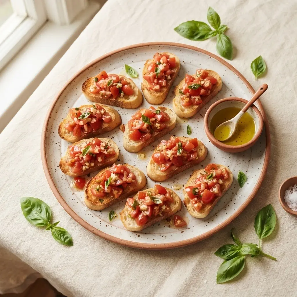Bruschetta-Classica-Platte von oben: goldbraune Baguettescheiben mit Tomaten-Basilikum-Topping für das Buffet