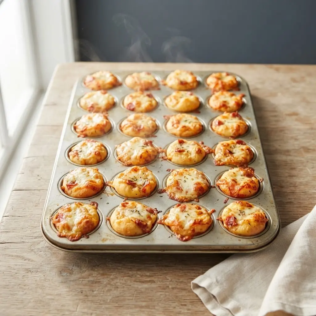 Mini-Muffinform mit 24 frisch gebackenen Pizza-Muffins, Käse goldbraun, leicht dampfend aus dem Ofen