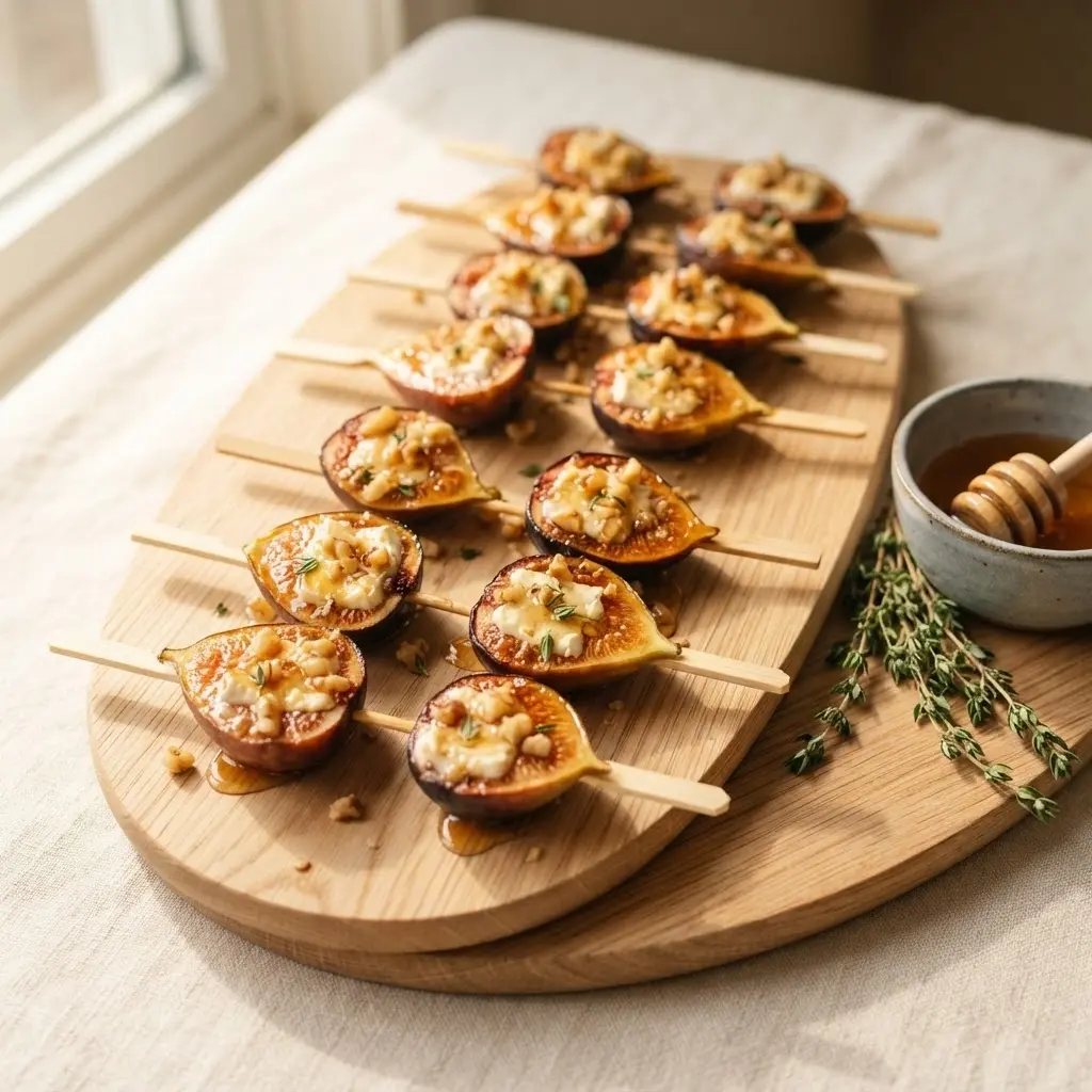 16 Feigen-Ziegenkäse-Spieße auf Holzplatte als Herbst-Buffet-Fingerfood mit Honig und Thymian