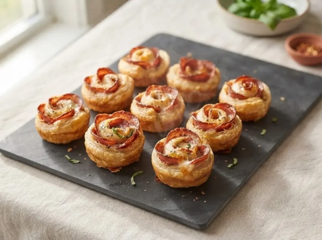 Pizza-Rosen aus Blätterteig auf Schieferboard – goldbraune Häppchen mit Salami
