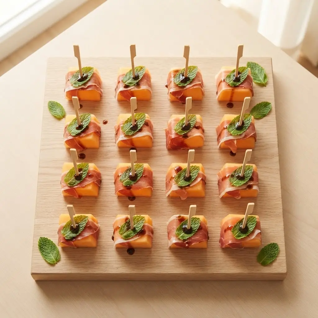 16 Prosciutto-Melonen-Röllchen auf Holzbrett mit Balsamico-Glasur und Minze