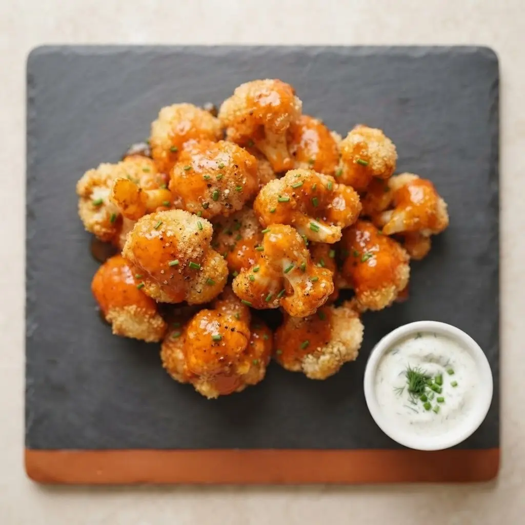 Blumenkohl-Wings auf Schieferboard mit Ranch-Dip – goldbraun und saucig