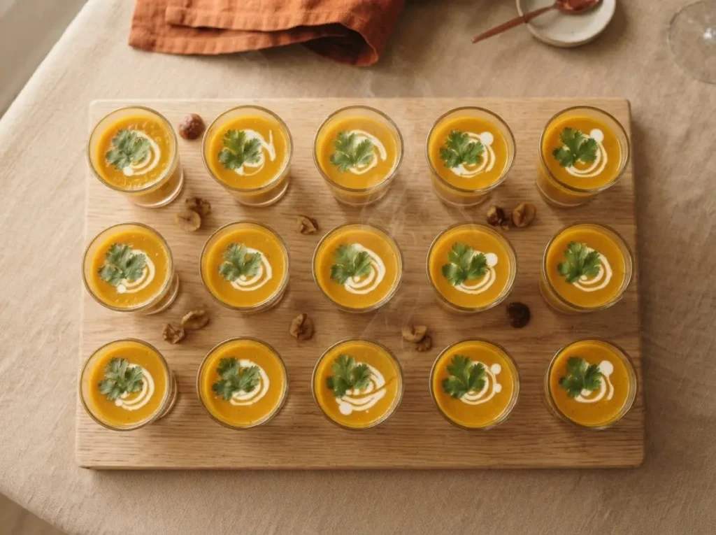 15 Maronensuppen-Gläschen auf Holzbrett – herbstliches Buffet-Highlight