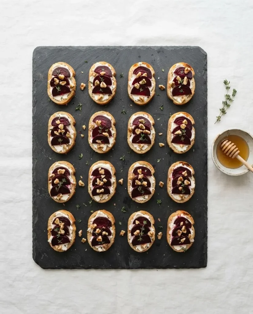 Rote-Bete-Crostini mit Walnuss von oben auf Schieferplatte — Herbst-Buffet-Häppchen
