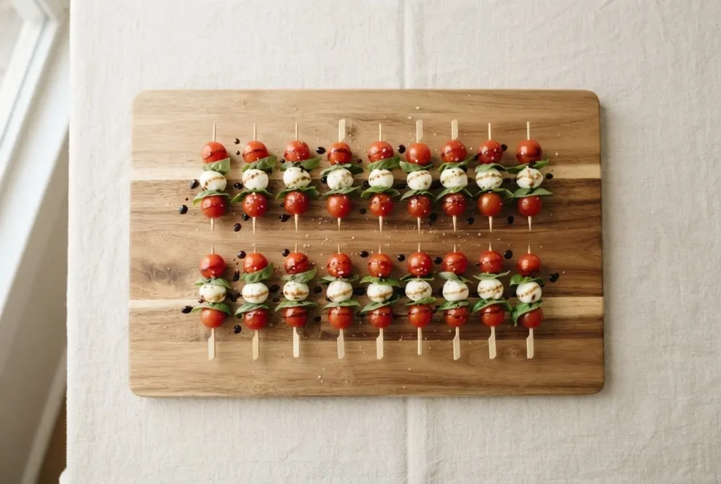 Fertige Tomate-Mozzarella-Spieße auf Akazienholz-Platte mit Balsamico und Fleur de Sel von oben