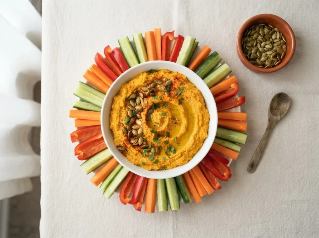 Draufsicht Kürbis-Hummus mit bunten Gemüse-Sticks arrangiert auf hellem Leinenuntergrund