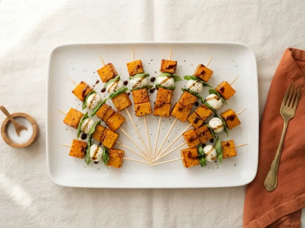 Draufsicht auf eine Platte mit Kürbis-Caprese-Spießen, Mozzarella und Basilikum