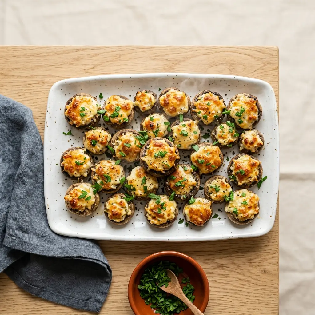 Platte mit gefüllten Champignons Häppchen aus dem Ofen, goldbraun überbacken und servierbereit
