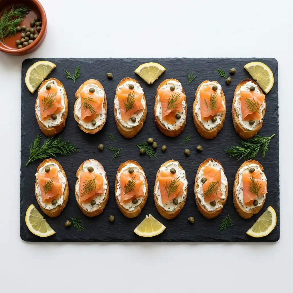 Lachs Häppchen Fingerfood Platte – Crostini mit Frischkäse und Räucherlachs für das Buffet