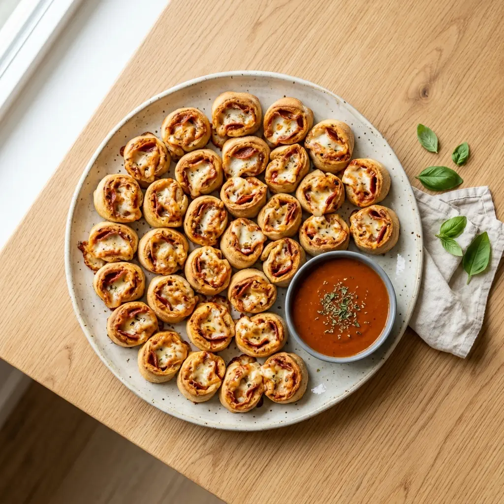 Platte mit goldbraunen pikanten Pizzaschnecken von oben, bereit fürs Buffet