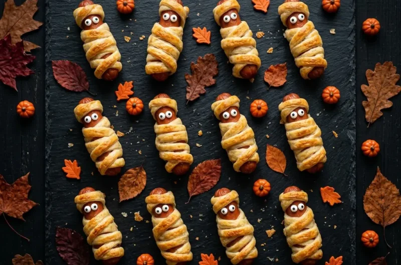 Mumien-Würstchen von oben auf schwarzem Brett – fertige Halloween-Party-Platte mit Zuckeraugen