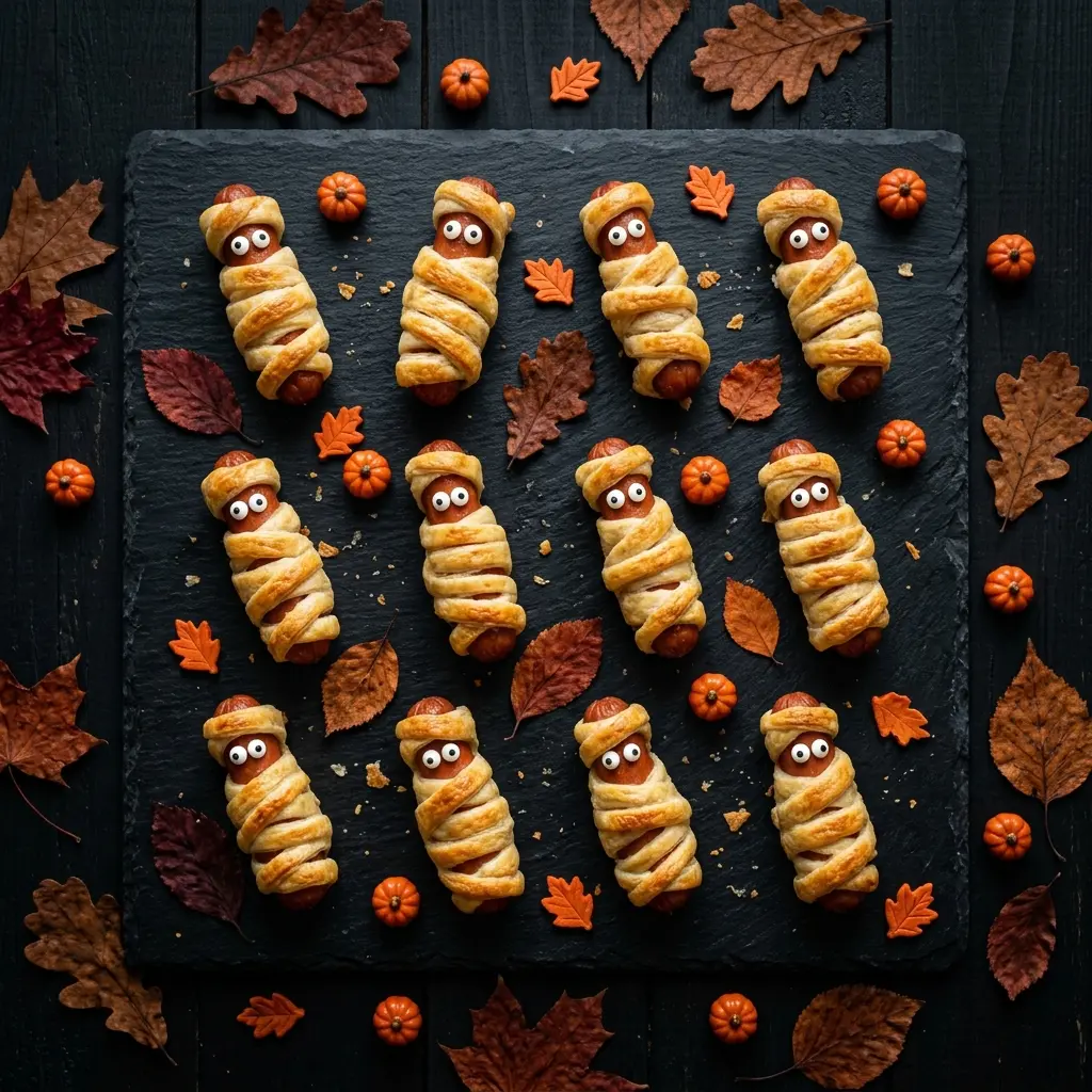 Mumien-Würstchen von oben auf schwarzem Brett – fertige Halloween-Party-Platte mit Zuckeraugen