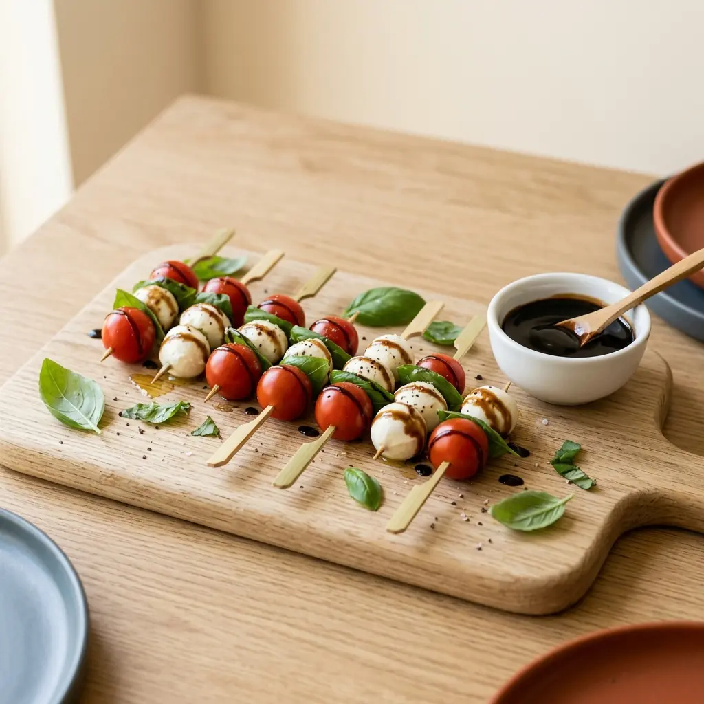 Fertige Caprese Spieße auf Holzservierbrett mit Basilikumblättern und Balsamico-Creme-Schälchen