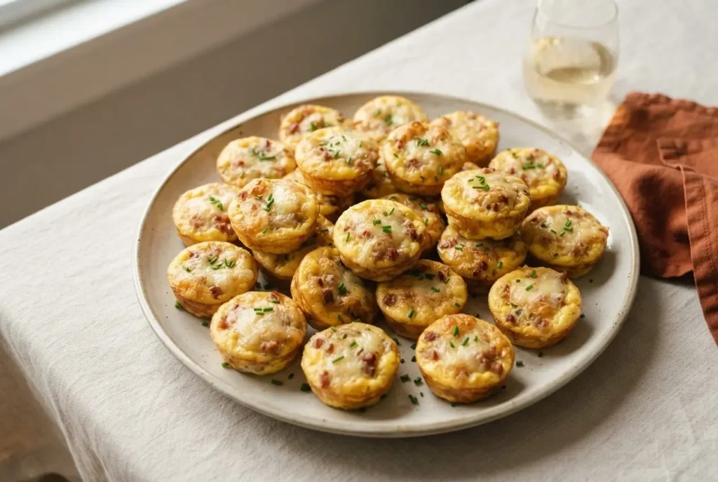 Servierplatte mit 24 Mini-Quiches Lorraine ohne Teig, goldbraun, bereit fürs Buffet