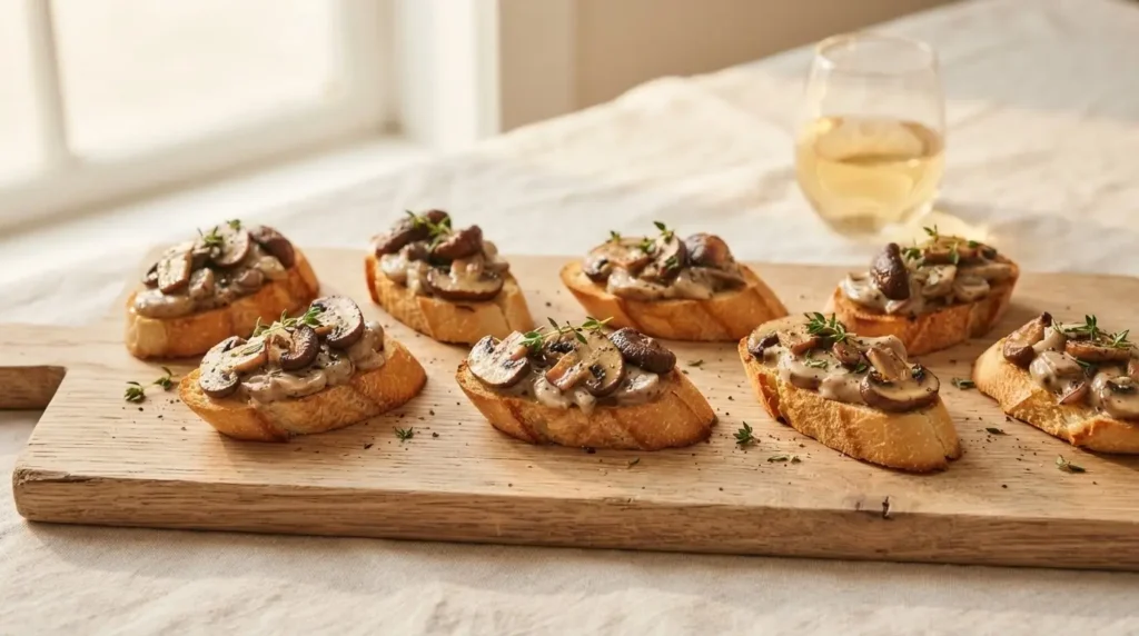 Acht Pilz-Crostini mit Thymian auf Holzplatte serviert – cremiger Pilzbelag auf knusprigem Röstbrot Format: 16:9