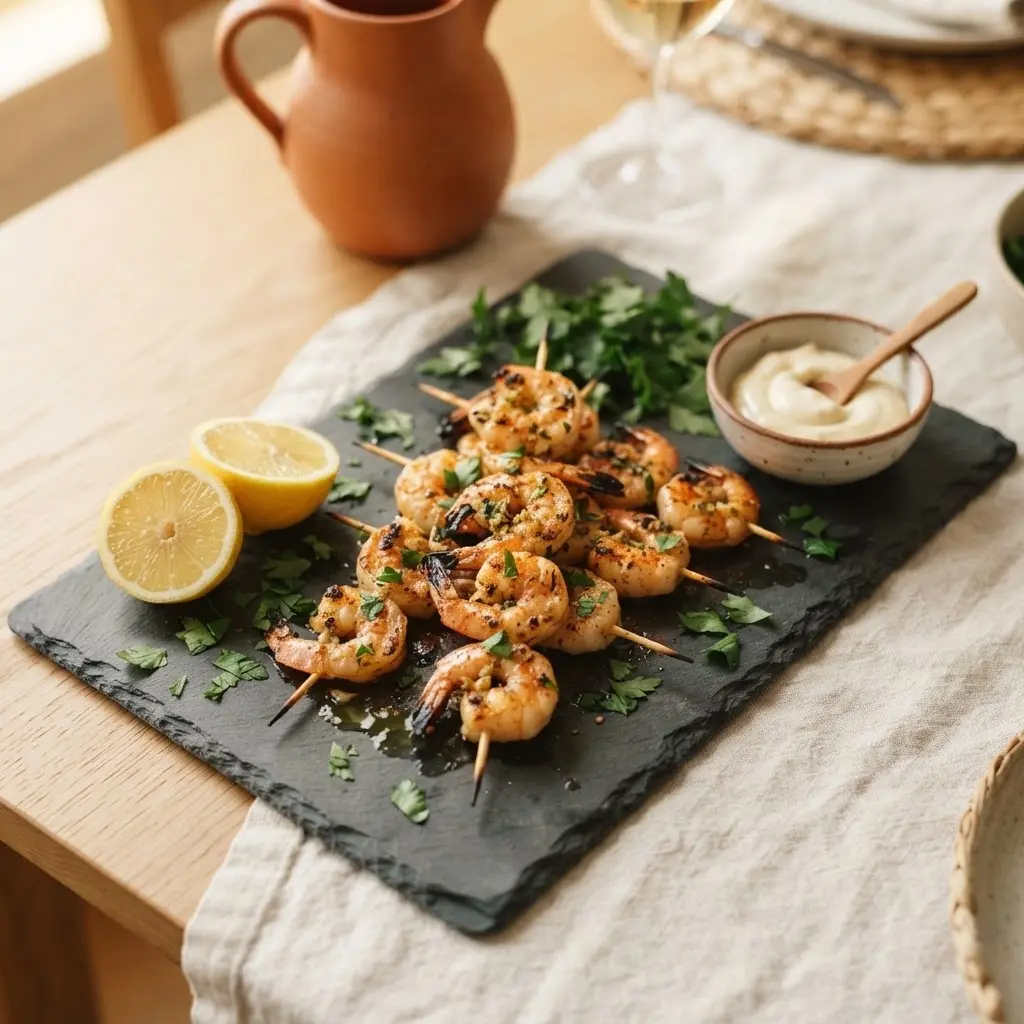 Fertige Garnelenspieße mit Knoblauch auf Holzplatte mit Zitronen und Petersilie, Buffet-Ansicht