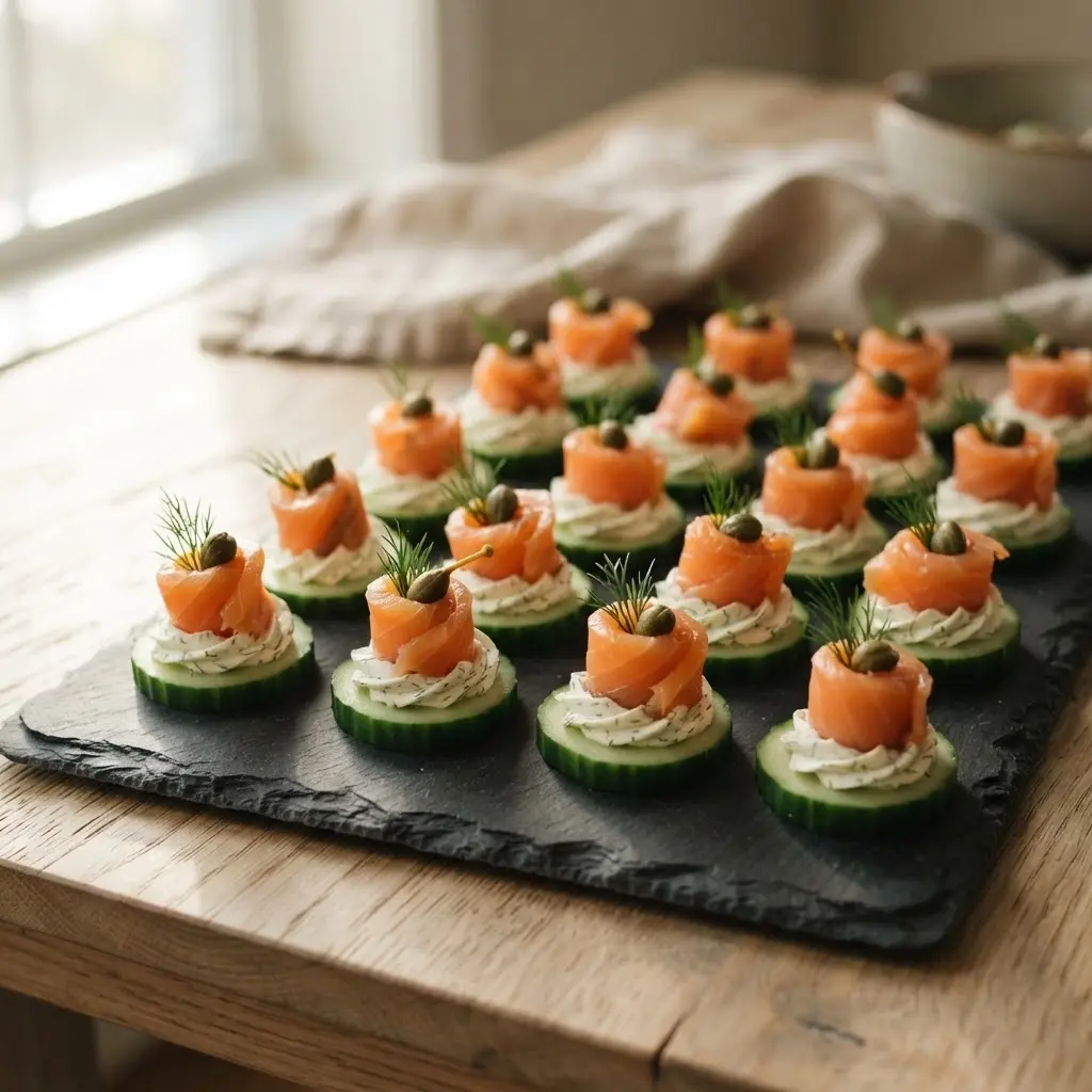 Servierplatte mit vielen Gurken-Lachs-Häppchen mit Frischkäse, Dill und Kapern für das Buffet