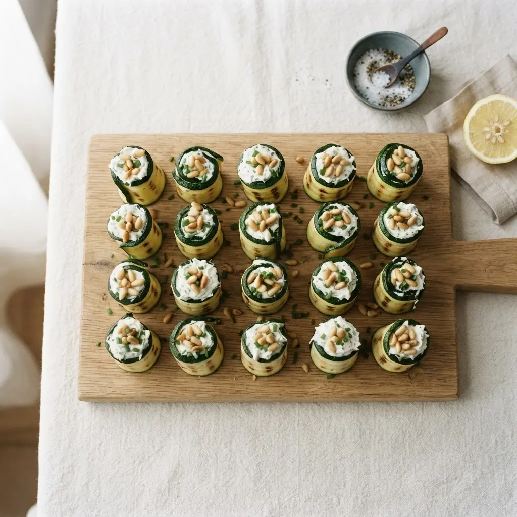 Zucchiniröllchen mit Frischkäse auf Holzplatte – fertiges Fingerfood für Buffet und Party