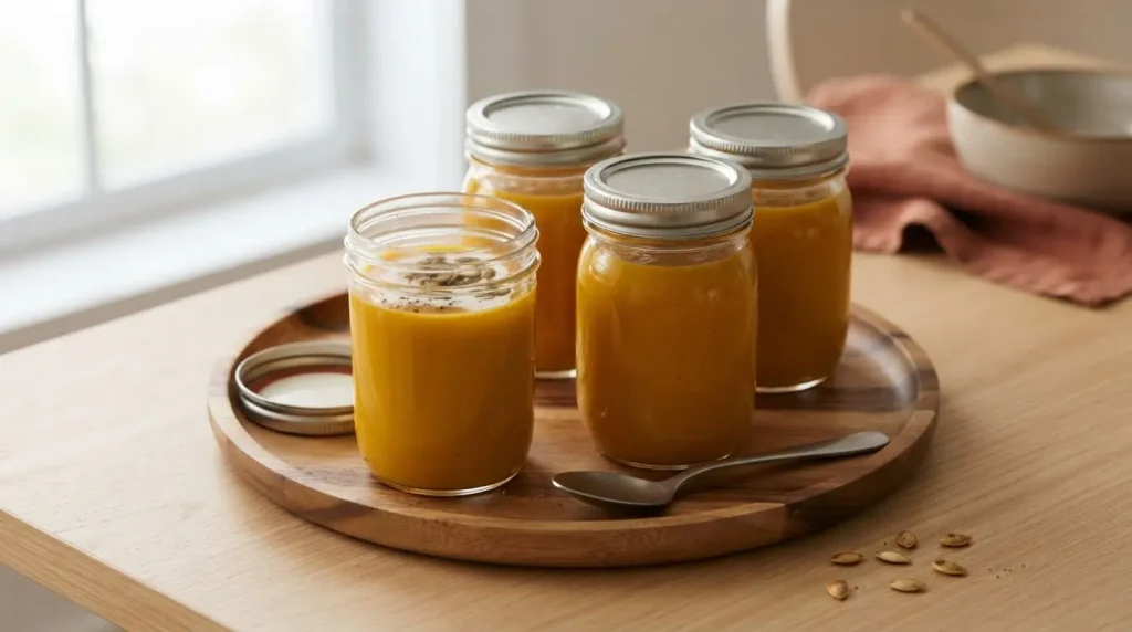 Vier Weckgläser mit eingekochter Kürbissuppe auf Akazienholz-Tablett, eines geöffnet mit Kokosmilch-Garnitur.