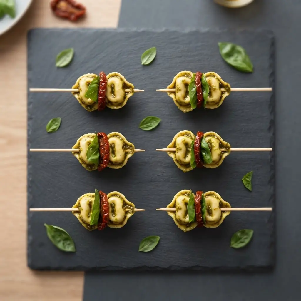 Sechs fertige Tortellini-Spieße auf Schieferboard – Pesto, Tomate und Basilikum